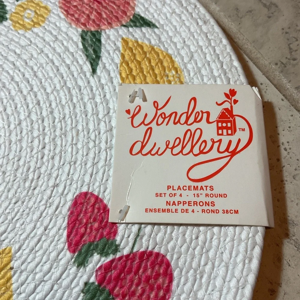 Wonder Dwellery, set of 4 Colorful Fruit woven placemats, round 15” NWT